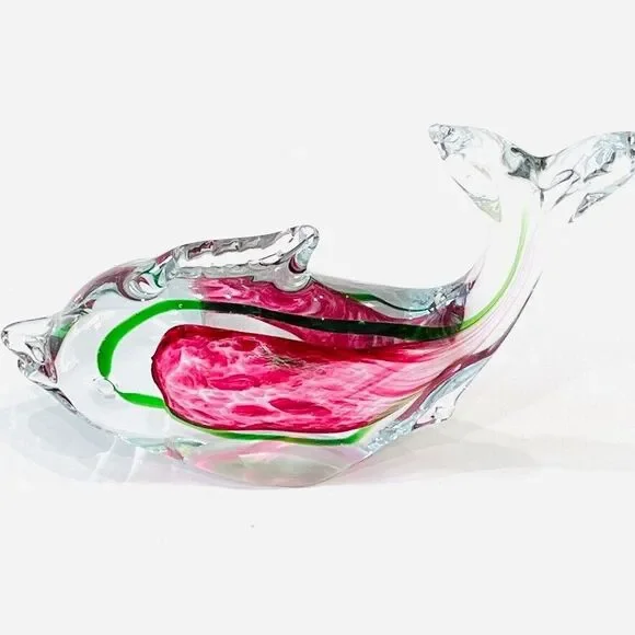 Vintage MCM Murano Fish Art Glass Sculpture Home Decor Green Pink 9 X 7 - Picture 2 of 9